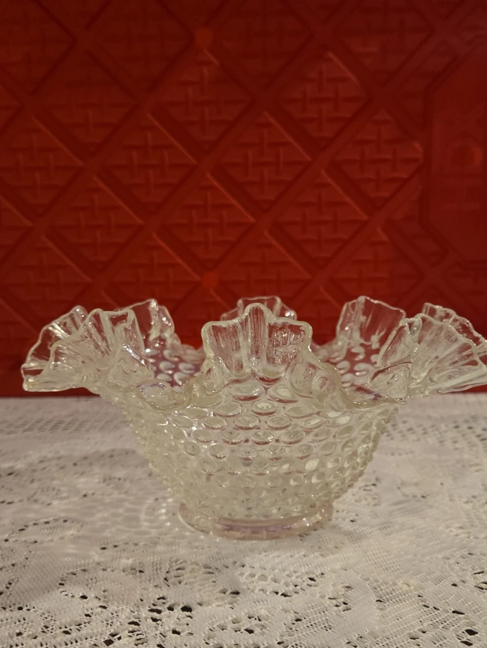 FENTON CLEAR Hobnail Glass Ruffled Bowl